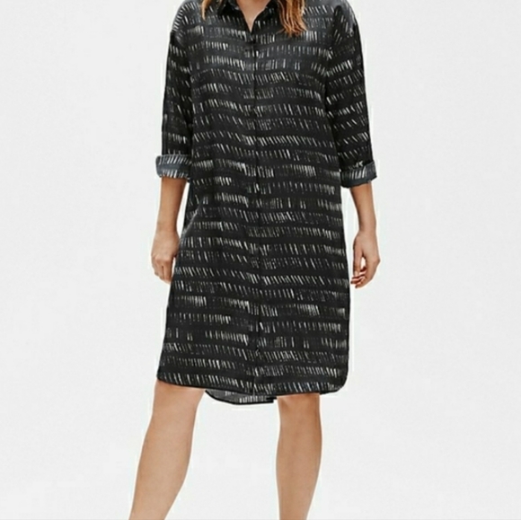 Eileen Fisher Silk Collared Shirt Dress Dash Black White Cotton Dash Size XS - Picture 3 of 14